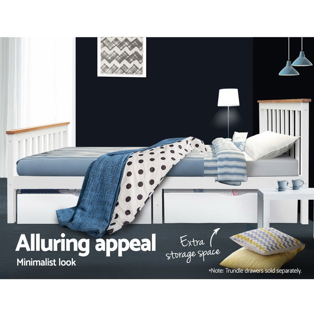 Bed Frame Double Solid Pine Wooden White Two-Tone with Plywood Slats