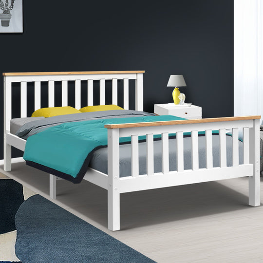 Bed Frame Double Solid Pine Wooden White Two-Tone with Plywood Slats, White colour
