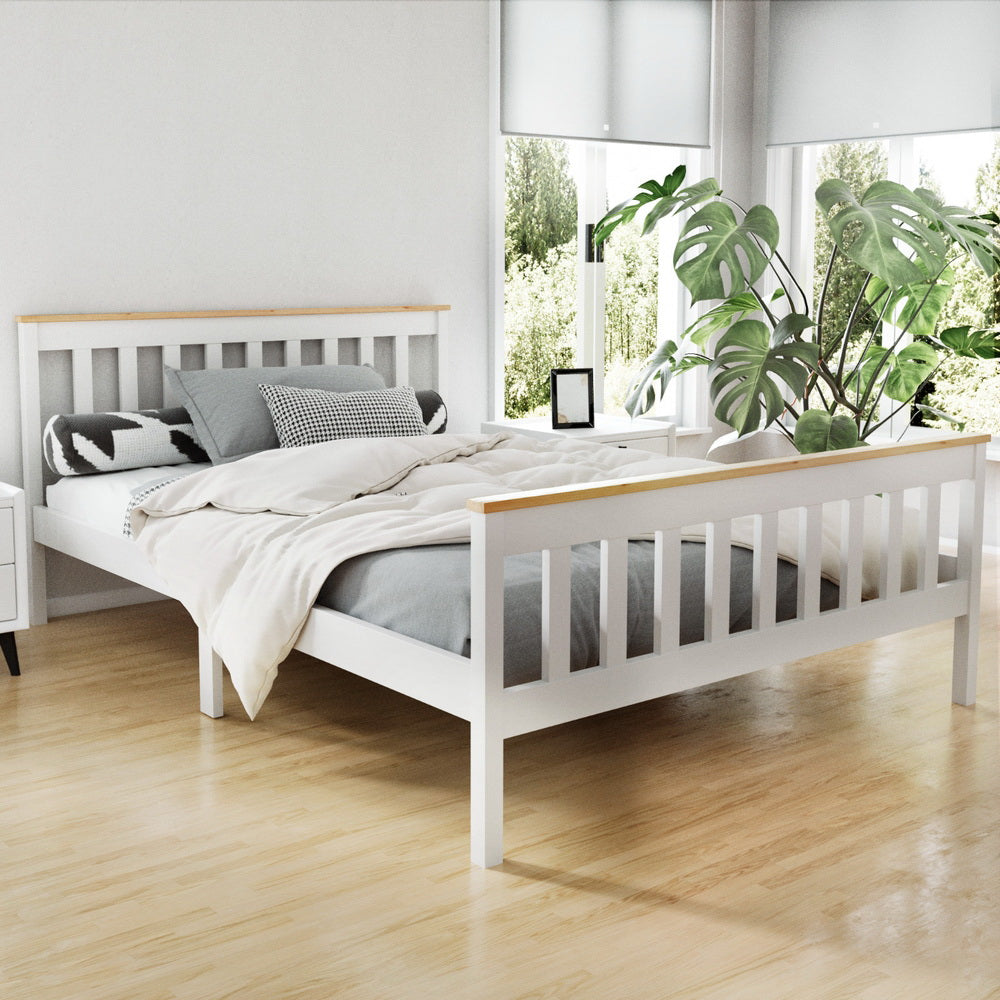 Bed Frame Double Solid Pine Wooden White Two-Tone with Plywood Slats