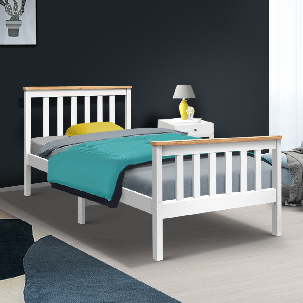 Single Wooden Bed Frame White with Sturdy Slats