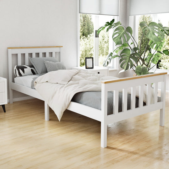 Single Wooden Bed Frame White with Sturdy Slats with Wooden finish
