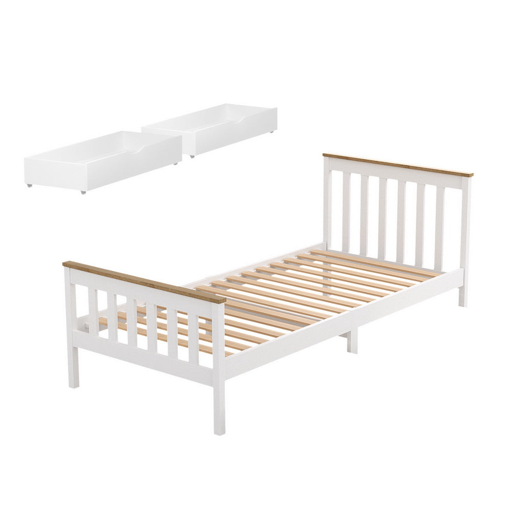 Single Size Bed Frame With Wooden Platform And 2 Storage Drawers White