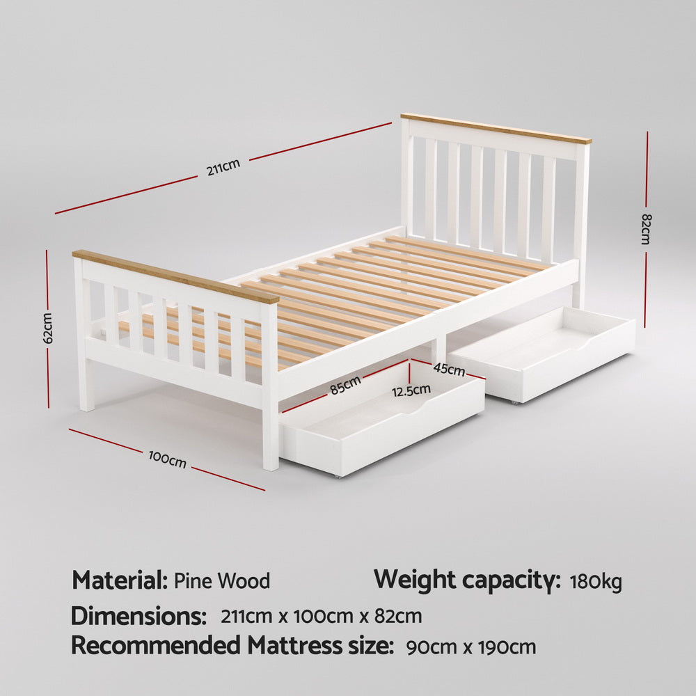Single Size Bed Frame With Wooden Platform And 2 Storage Drawers White