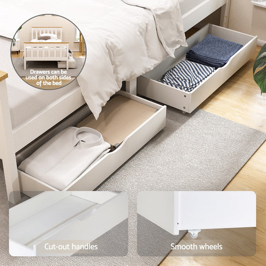 Wooden finish - Single Size Bed Frame With Wooden Platform And 2 Storage Drawers White