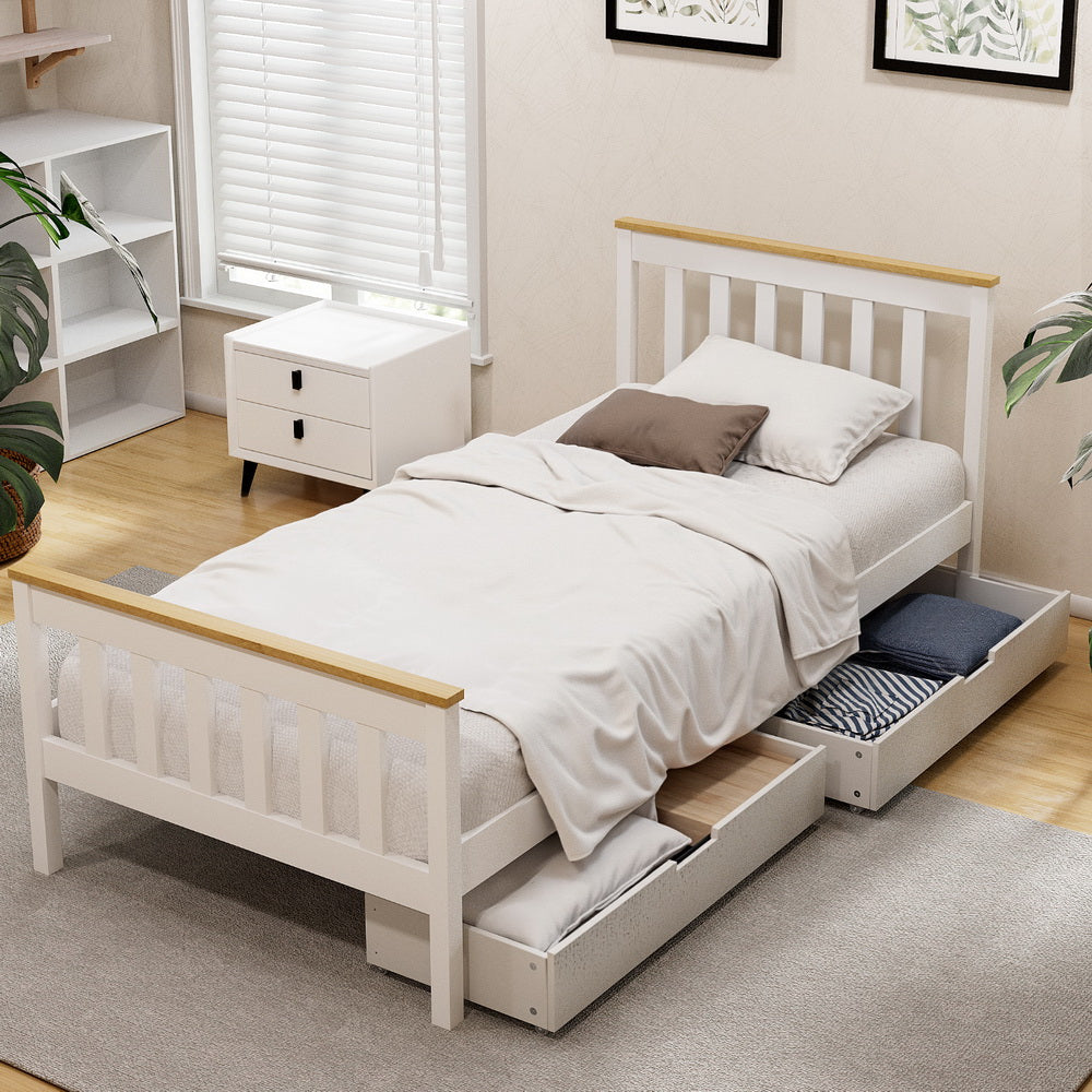 Single Size Bed Frame With Wooden Platform And 2 Storage Drawers White