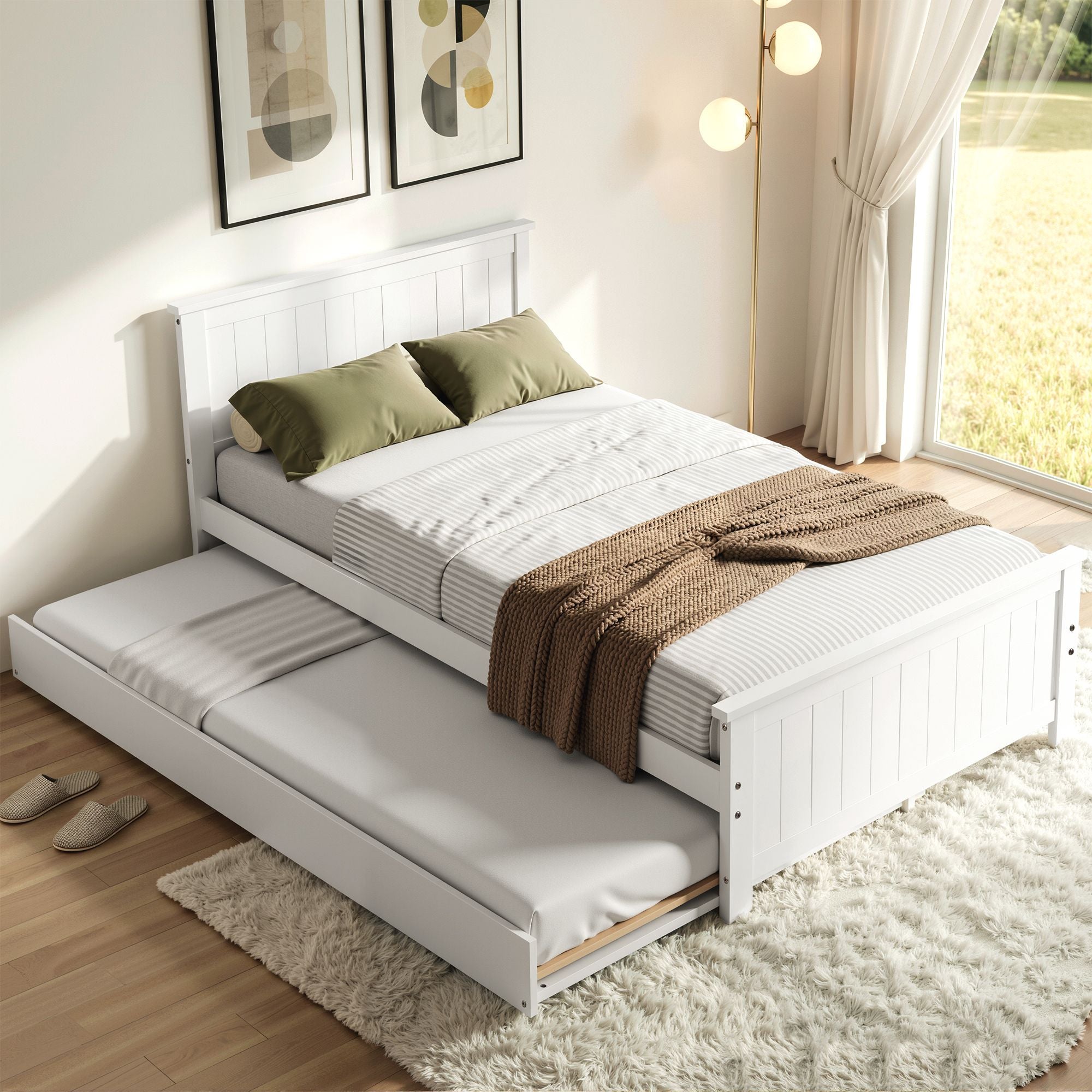 Single Bed Frame Trundle Solid Pine White | Simpledeals
