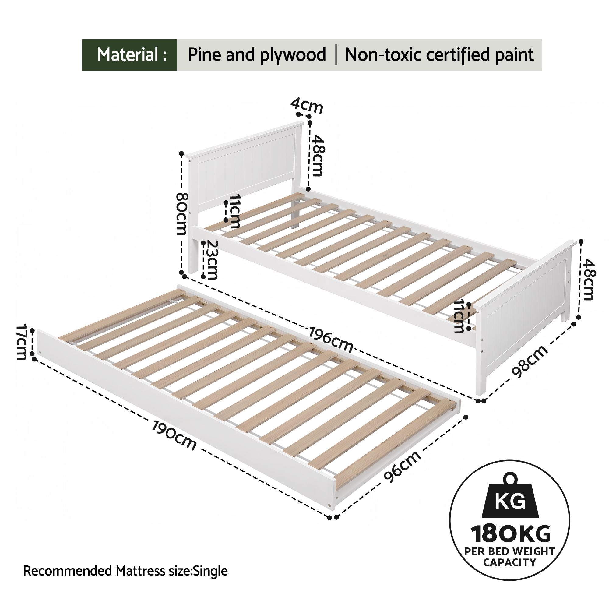 Single Bed Frame Trundle Solid Pine White | Simpledeals