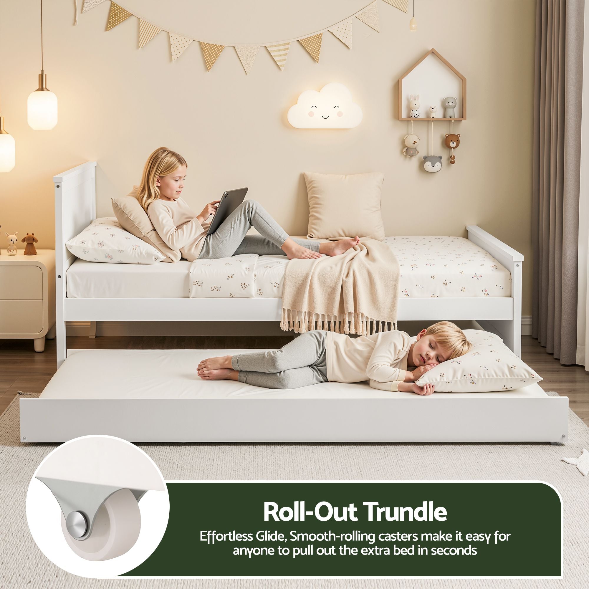 Single Bed Frame Trundle Solid Pine White | Simpledeals