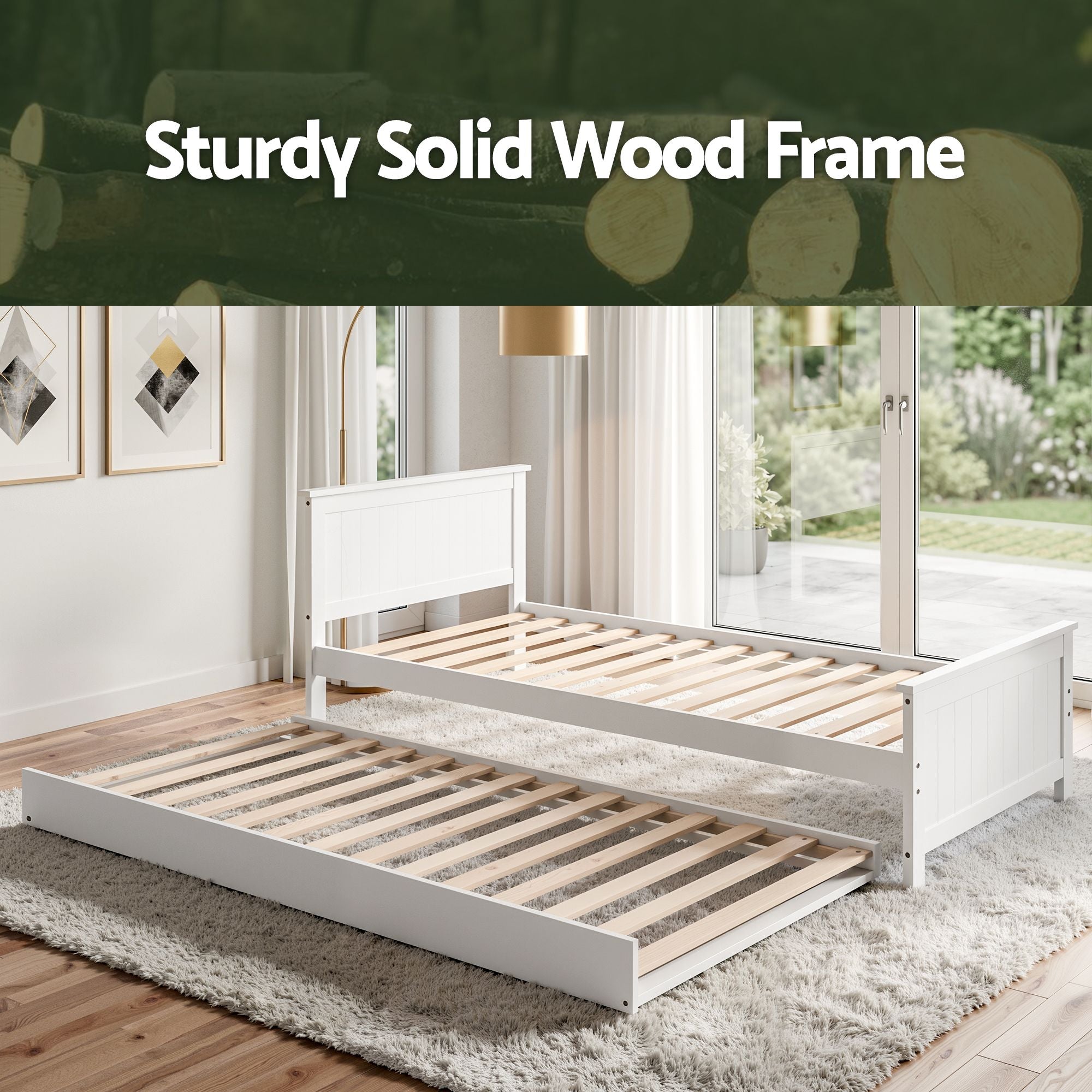 Single Bed Frame Trundle Solid Pine White | Simpledeals
