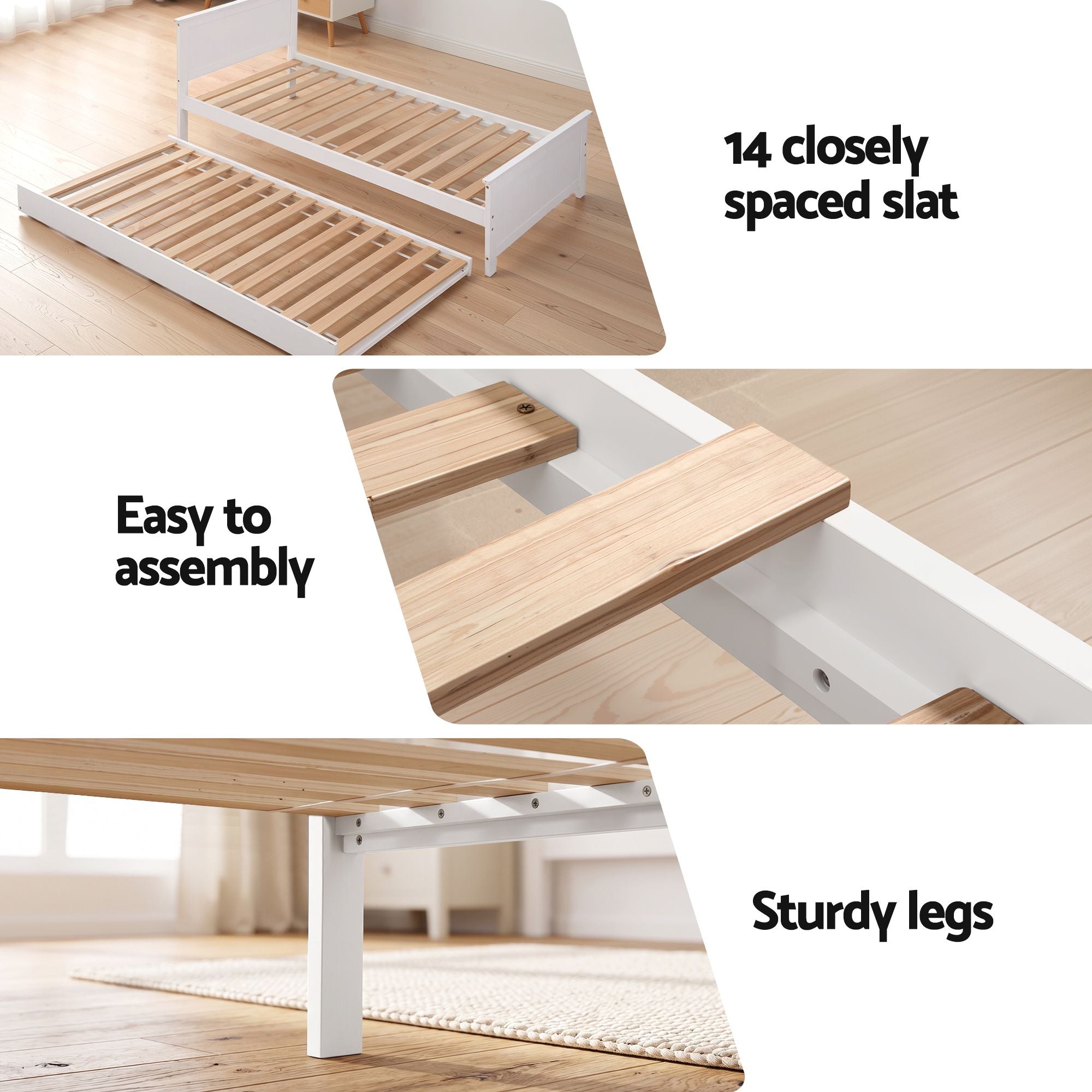 Single Bed Frame Trundle Solid Pine White | Simpledeals