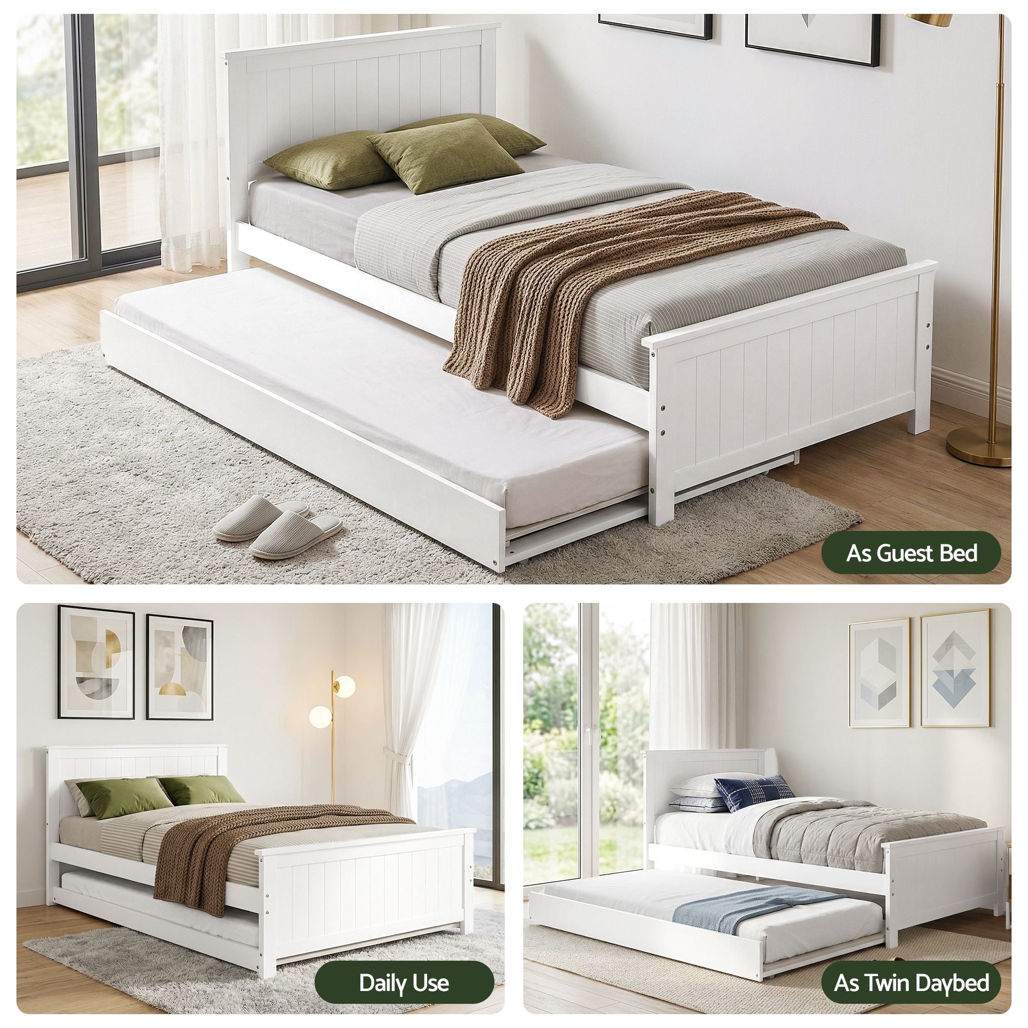 Single Bed Frame Trundle Solid Pine White | Simpledeals