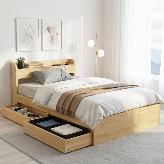 King Single Bed Frame 2 Drawers USB Ports