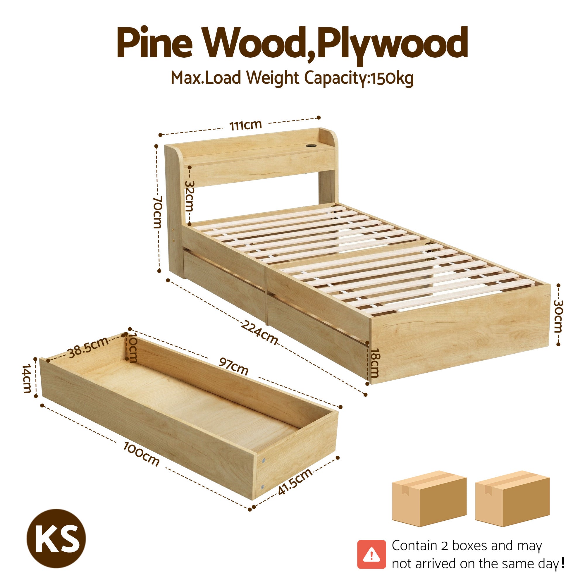 Artiss King Single Bed Frame 2 Drawers USB Ports | Simpledeals