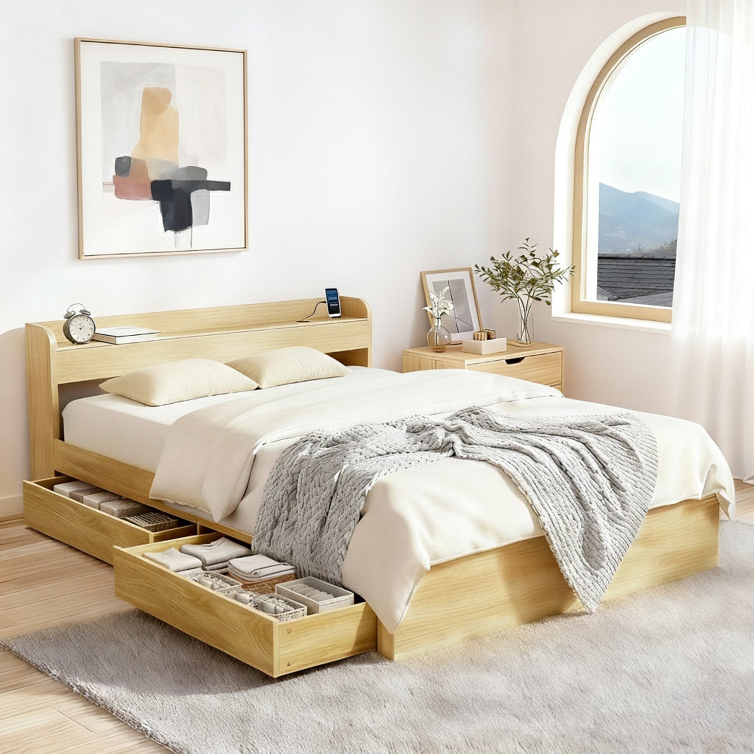 Bed Frame with Charging Ports and 2 Drawers
