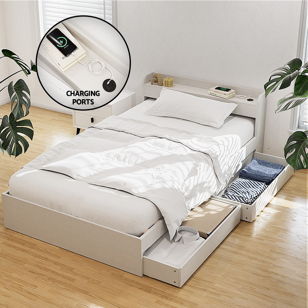Single Size Bed Frame With 2 Drawers And Built-In Charging Ports Aura