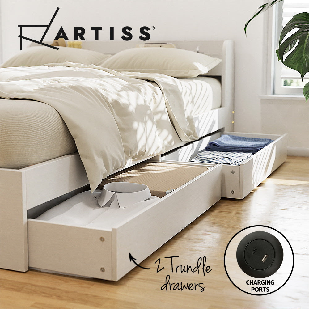 Single Size Bed Frame With 2 Drawers And Built-In Charging Ports Aura