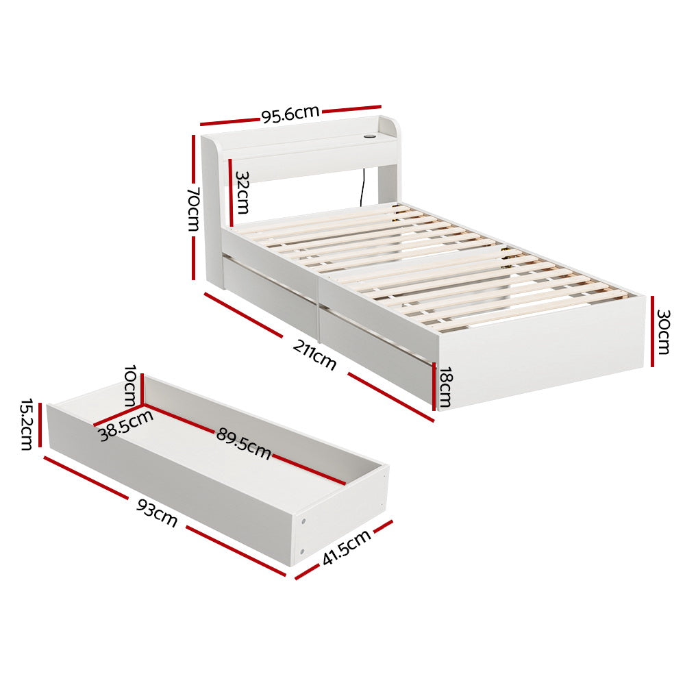 Single Size Bed Frame With 2 Drawers And Built-In Charging Ports Aura