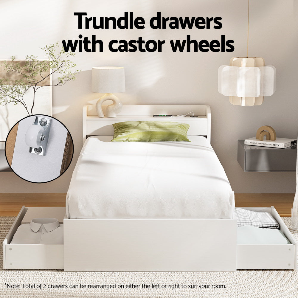 Single Size Bed Frame With 2 Drawers And Built-In Charging Ports Aura