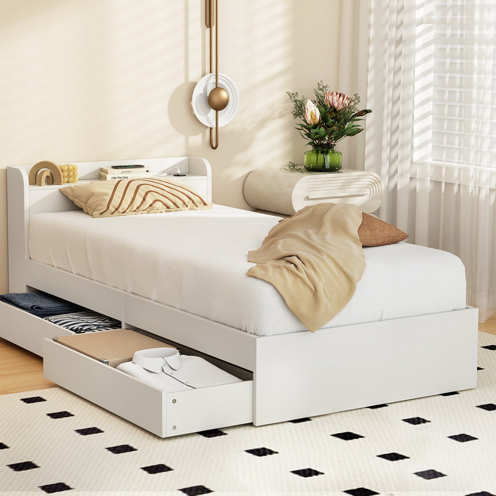Single Size Bed Frame With 2 Drawers And Built-In Charging Ports Aura