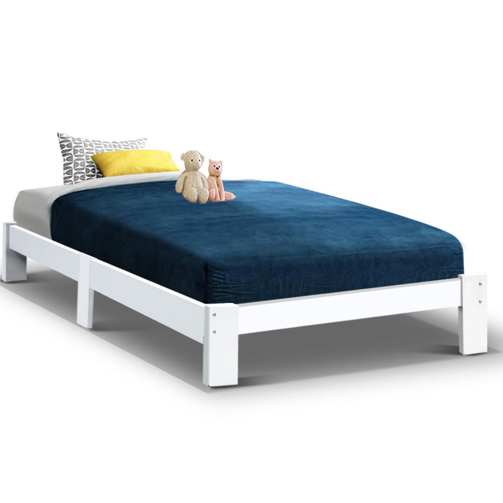 King Single Wooden Bed Frame White Pine Wood with Storage