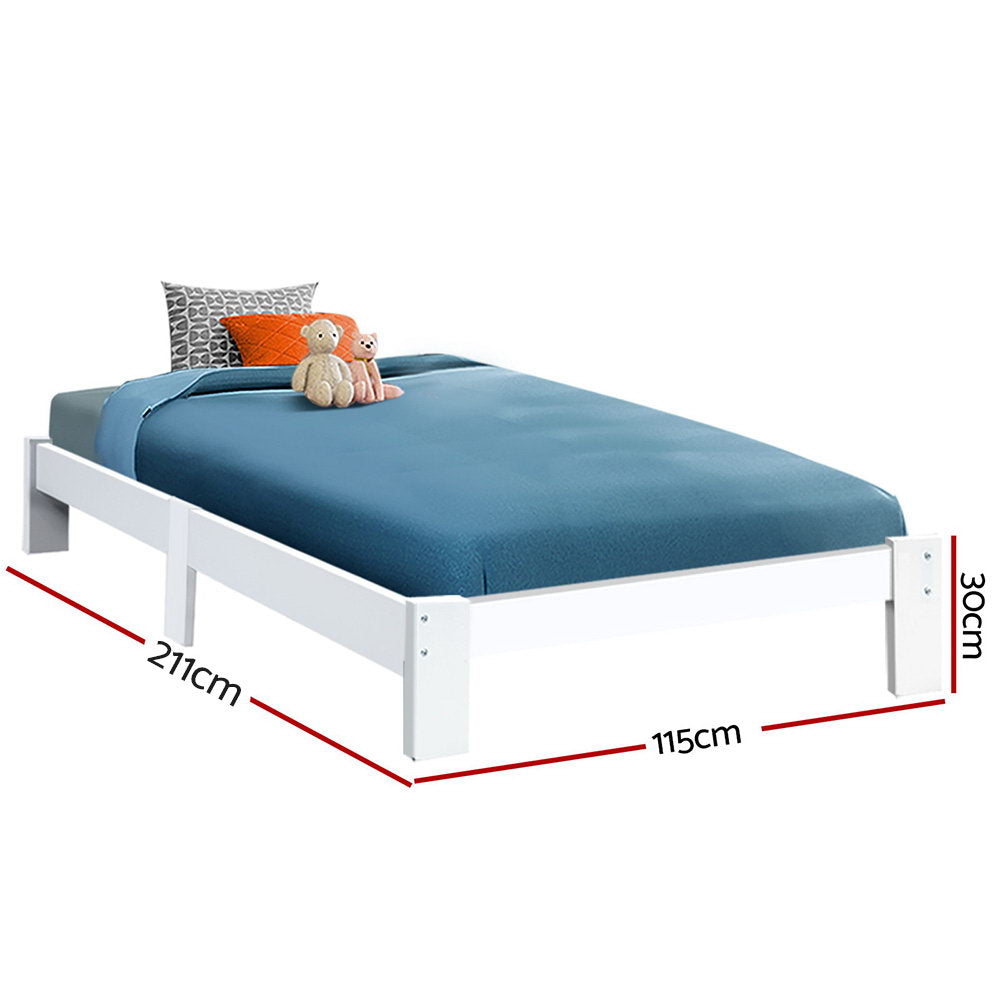 King Single Wooden Bed Frame White Pine Wood with Storage