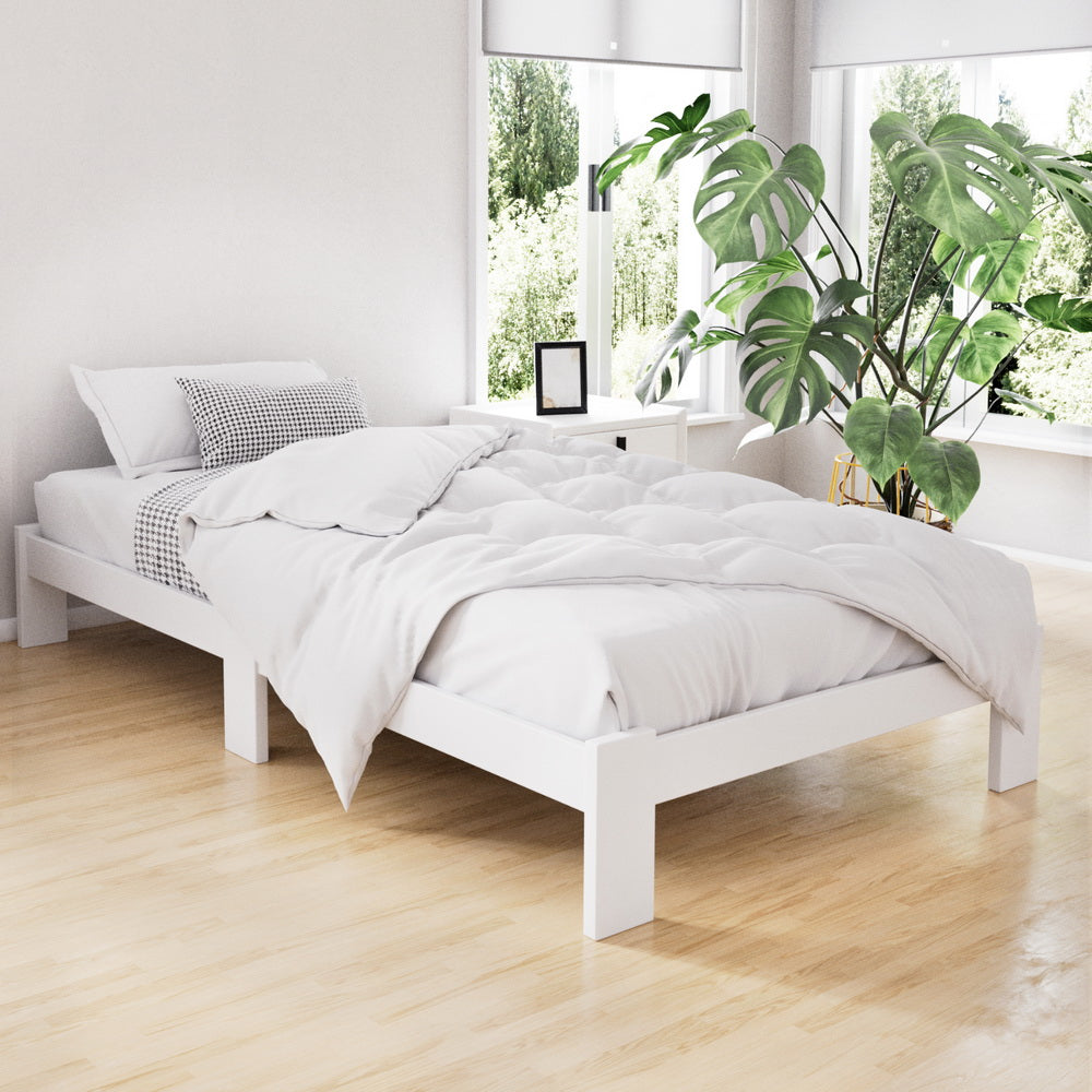 King Single Wooden Bed Frame White Pine Wood with Storage