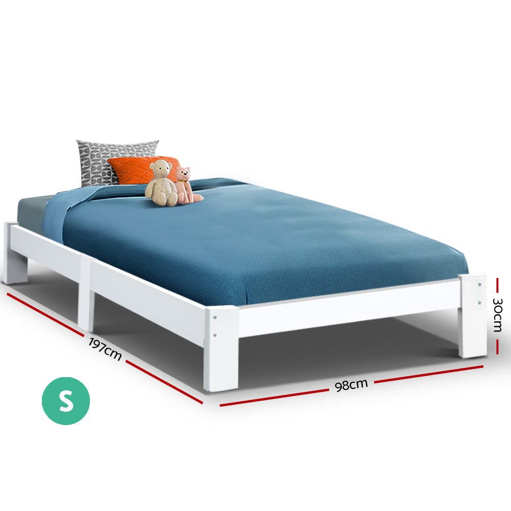 Single Wooden Bed Frame White Pine with Storage Drawers