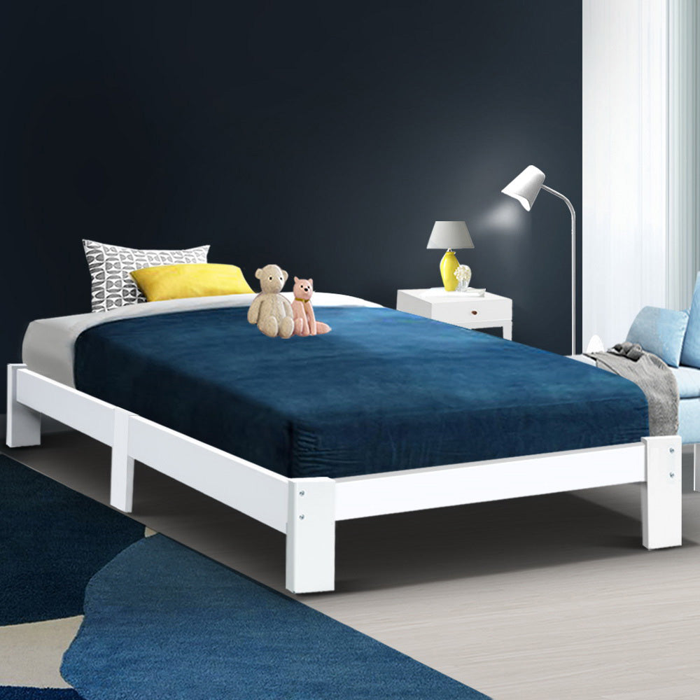 Single Wooden Bed Frame White Pine with Storage Drawers