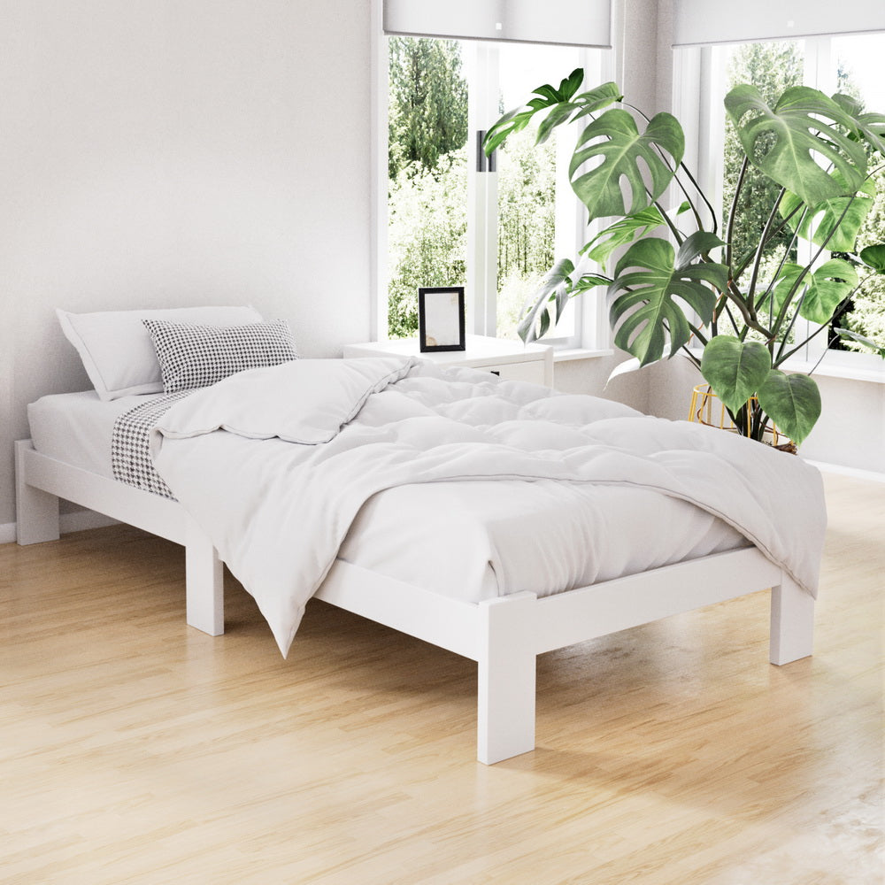 Single Wooden Bed Frame White Pine with Storage Drawers