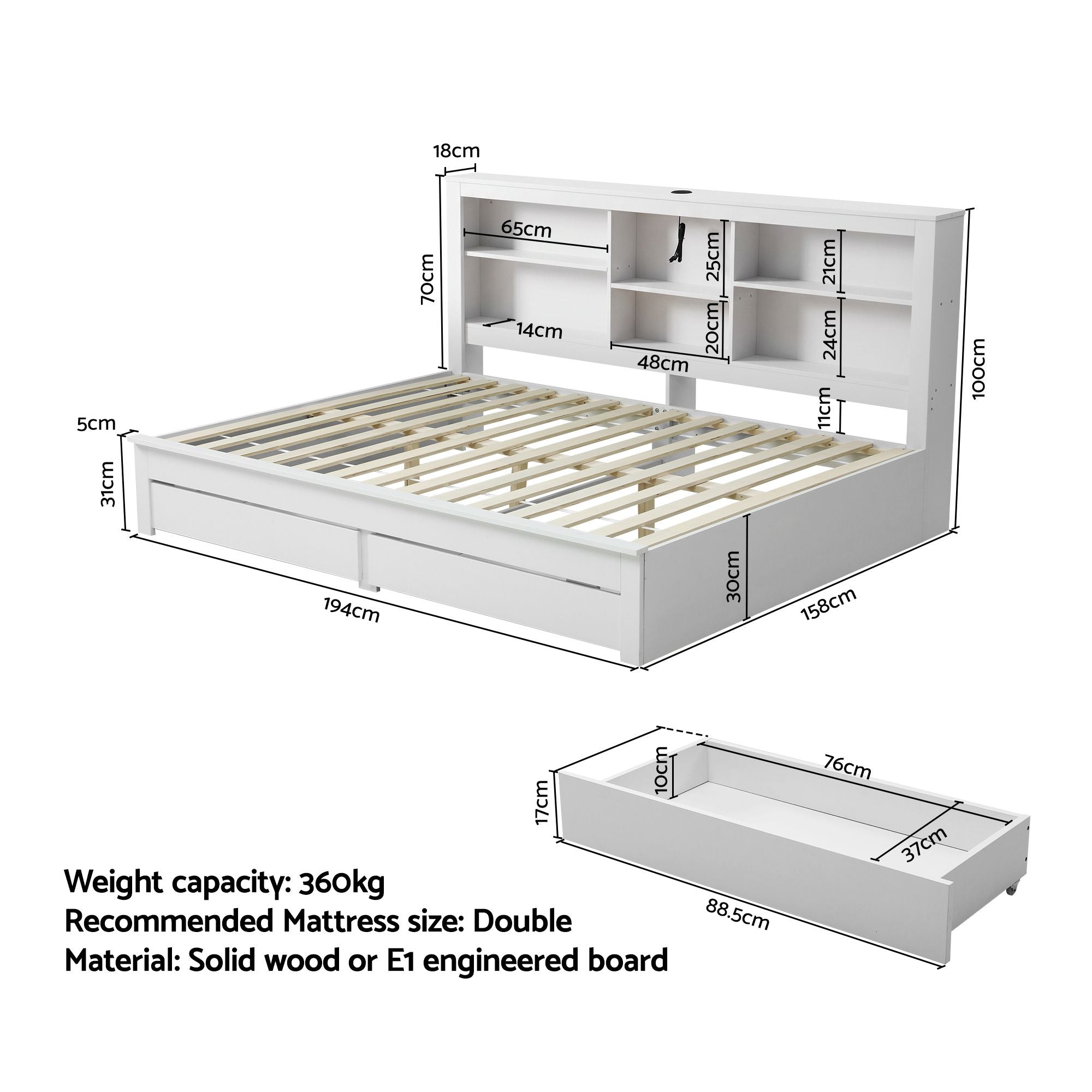 Double Bed Frame Storage Headboard Charging Station | Simple