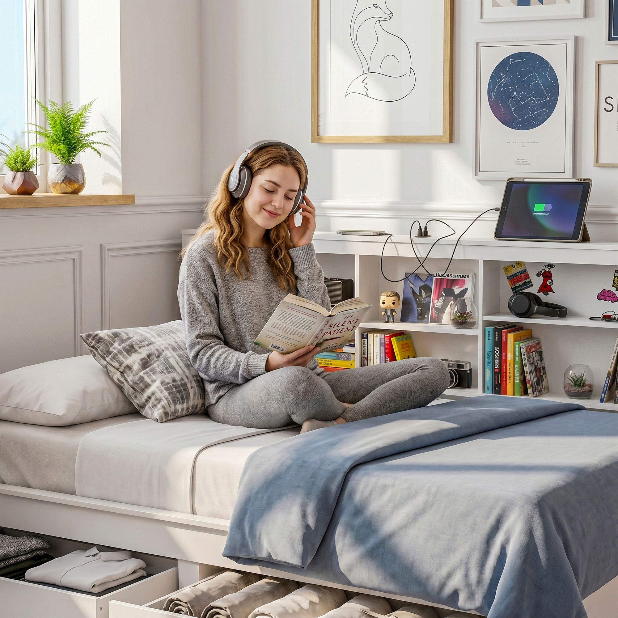 Double Bed Frame Storage Headboard Charging Station | Simple