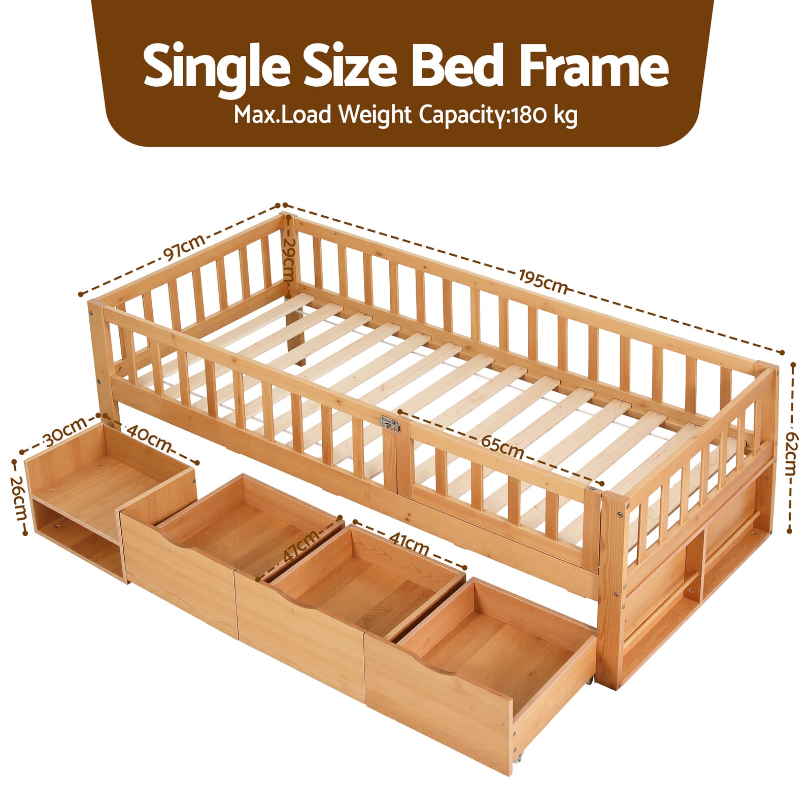 Kids Single Bed Frame Storage 195x97x62cm