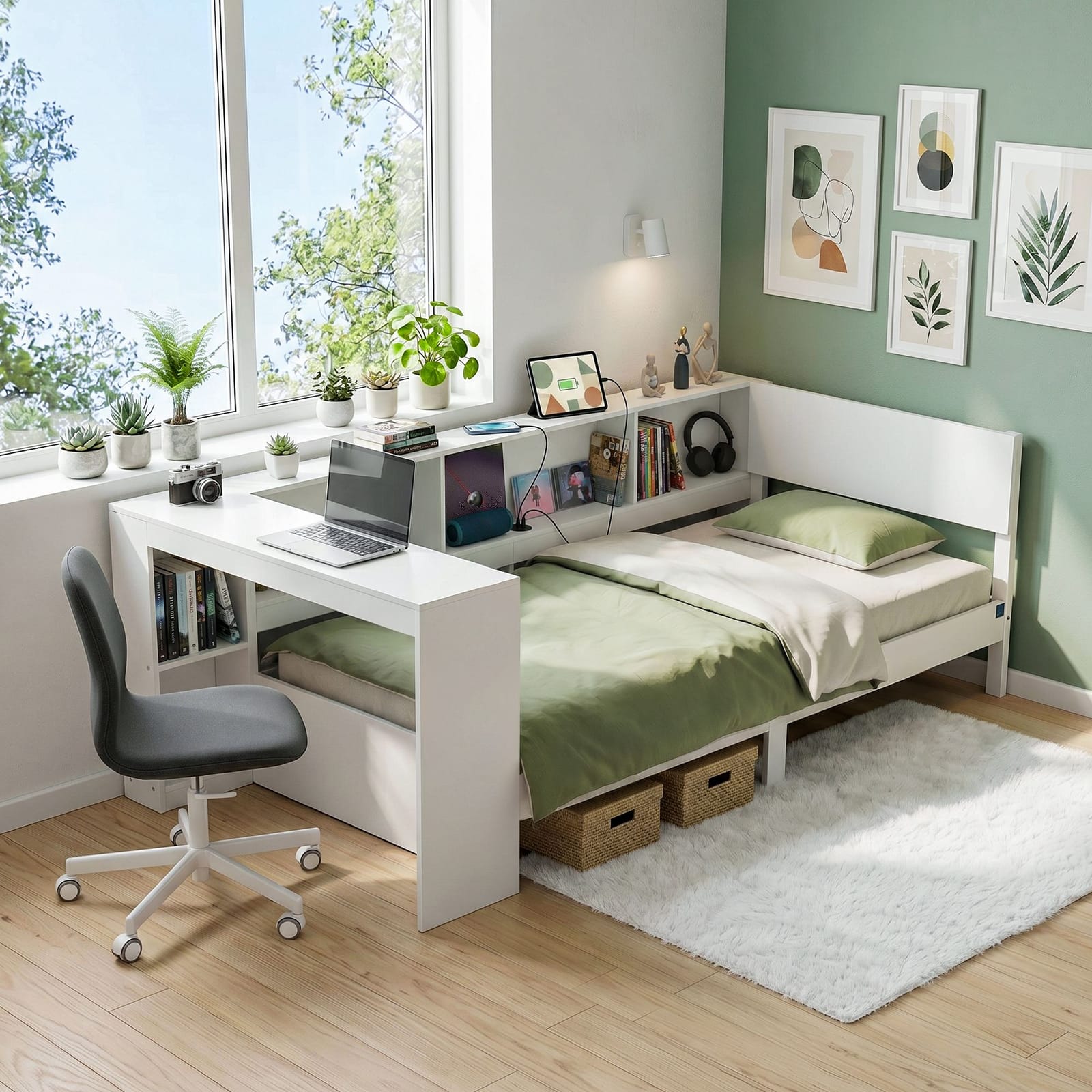 White Corner Bed Frame Desk 223x96x76cm