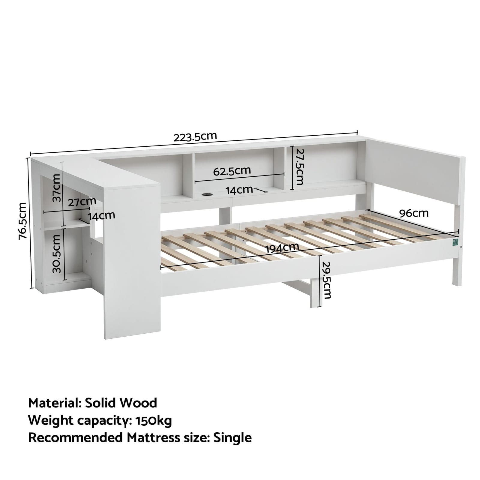 White Corner Bed Frame Desk 223x96x76cm