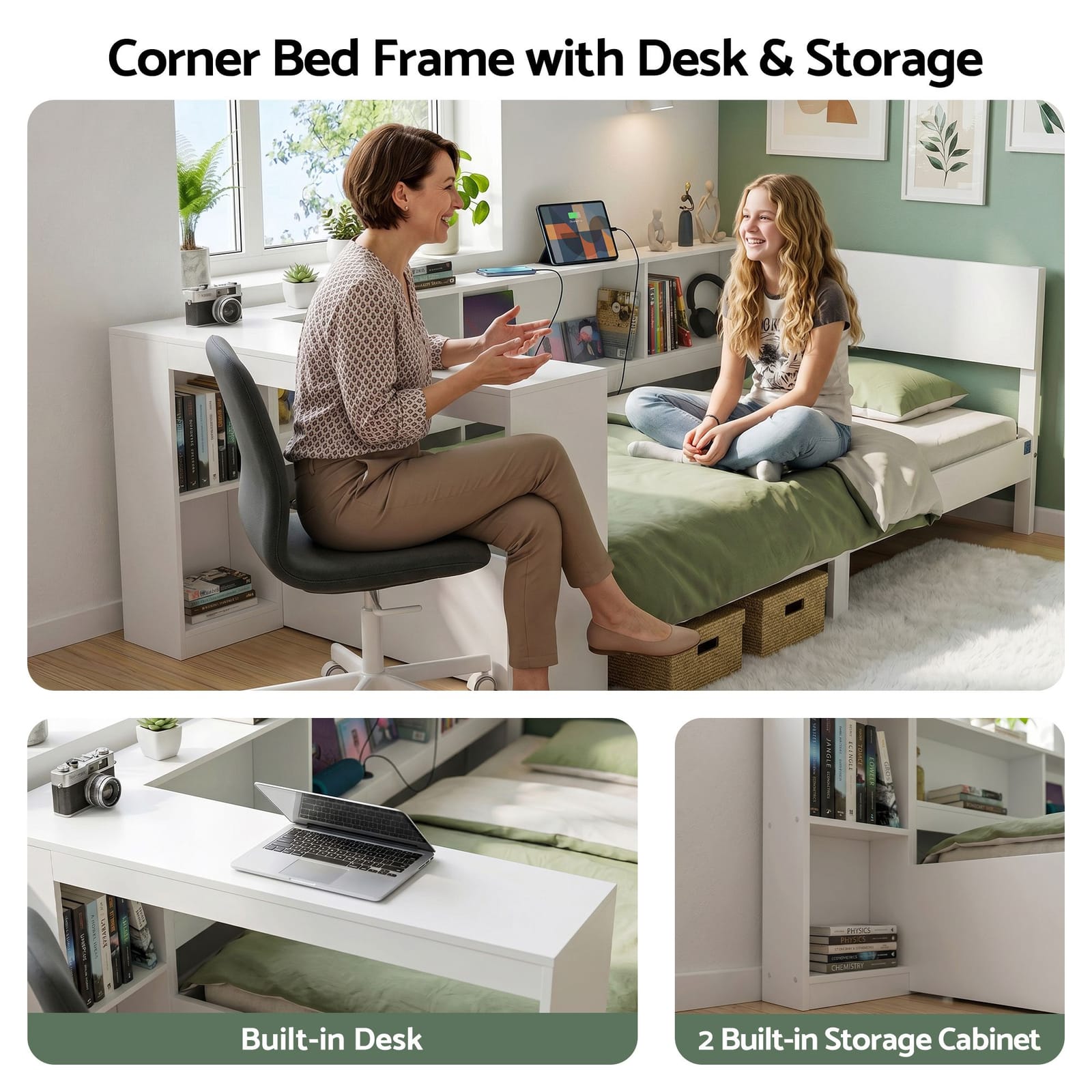 White Corner Bed Frame Desk 223x96x76cm