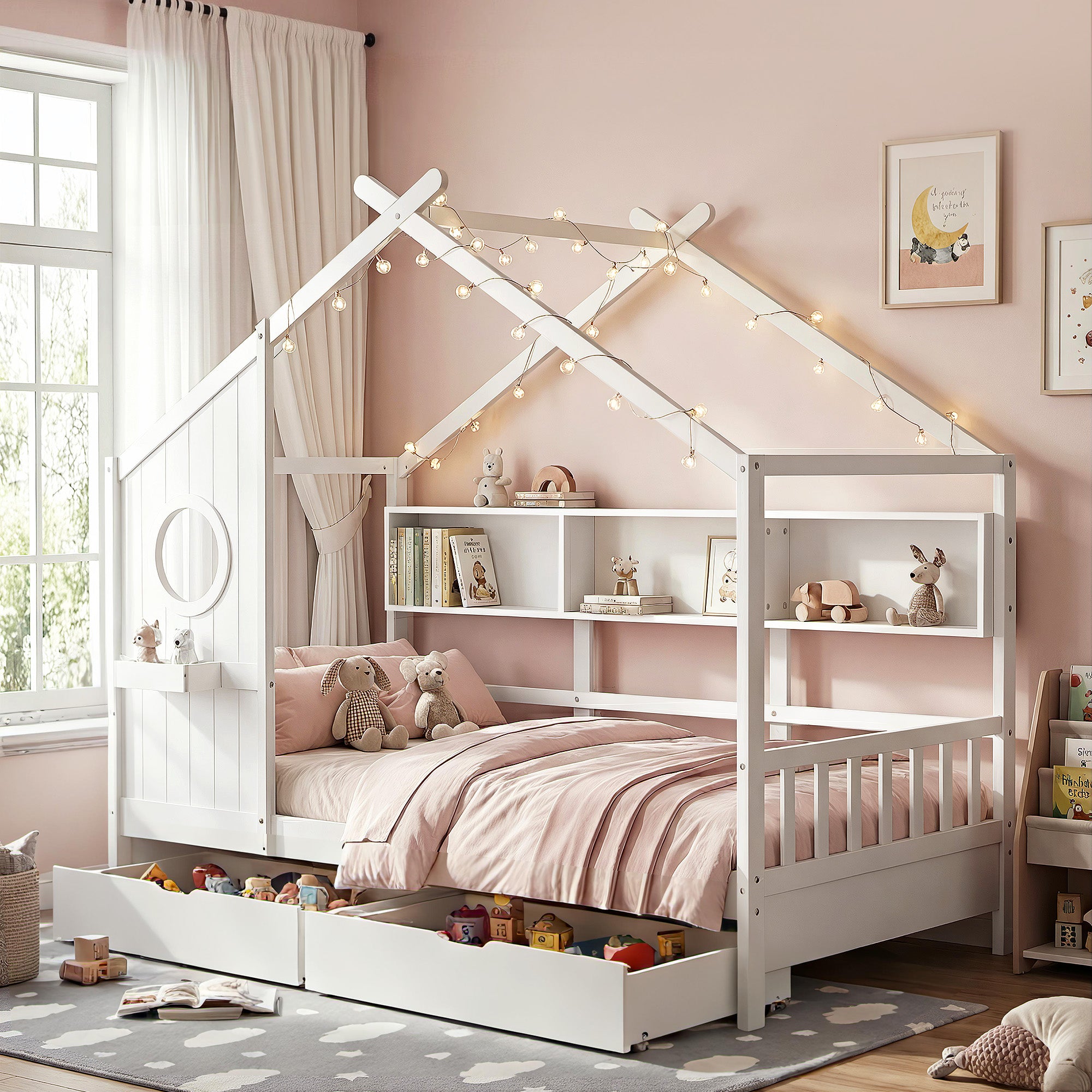 Kids Single House Bed with Storage Drawers White