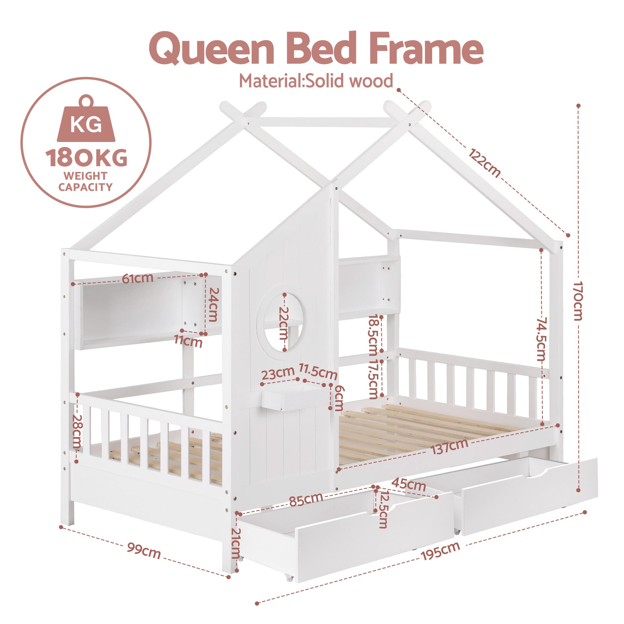 Kids Single House Bed with Storage Drawers White