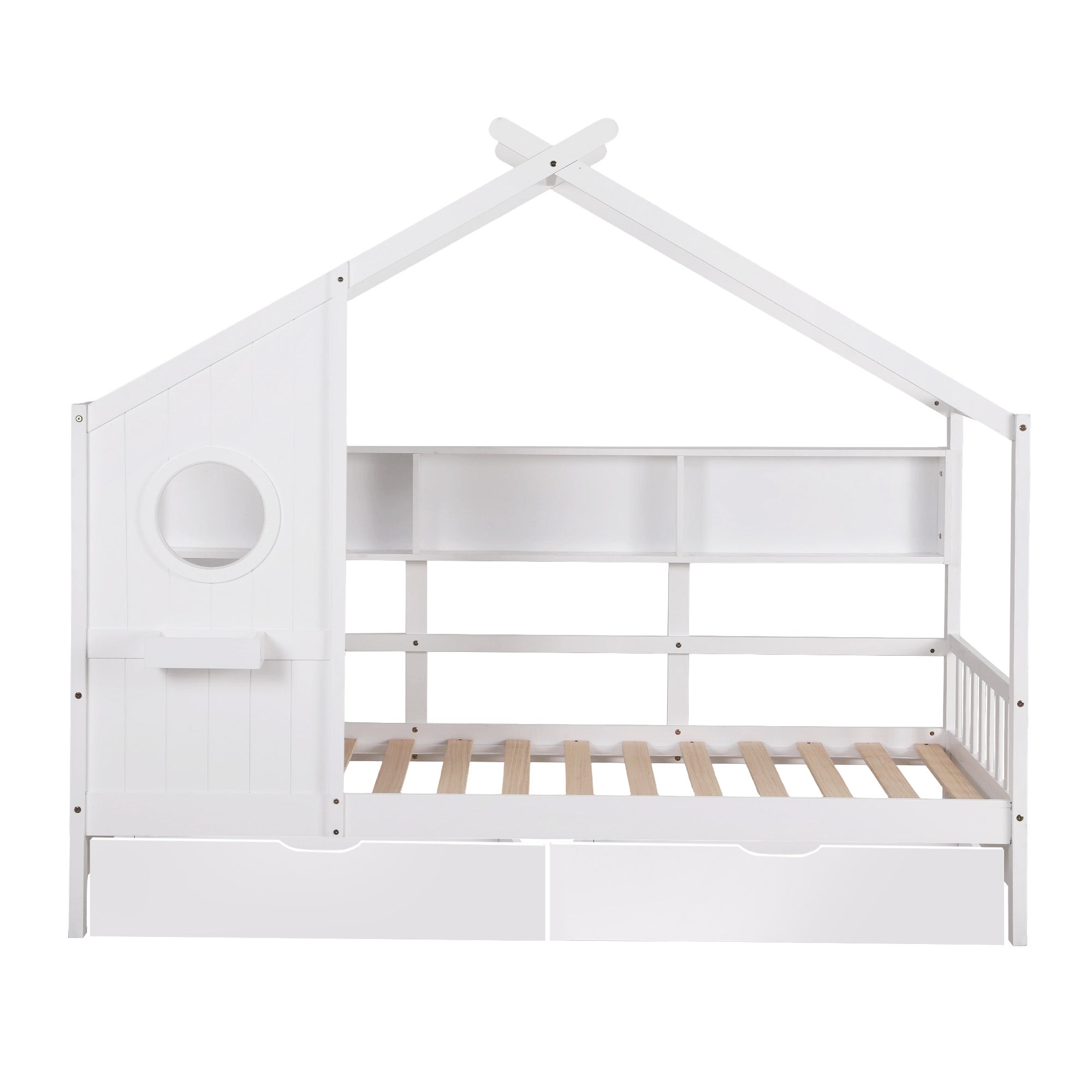 Kids Single House Bed with Storage Drawers White