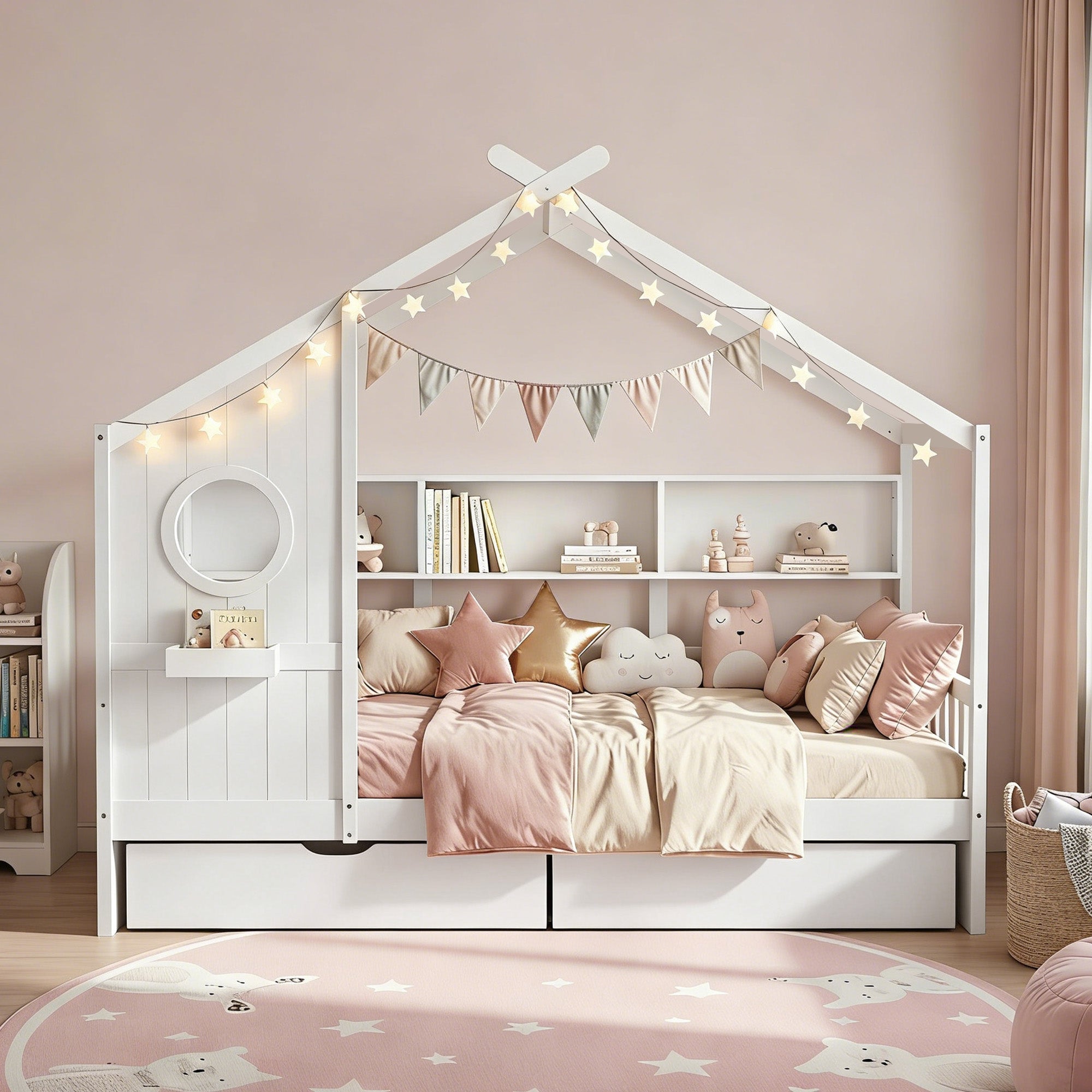 Kids Single House Bed with Storage Drawers White
