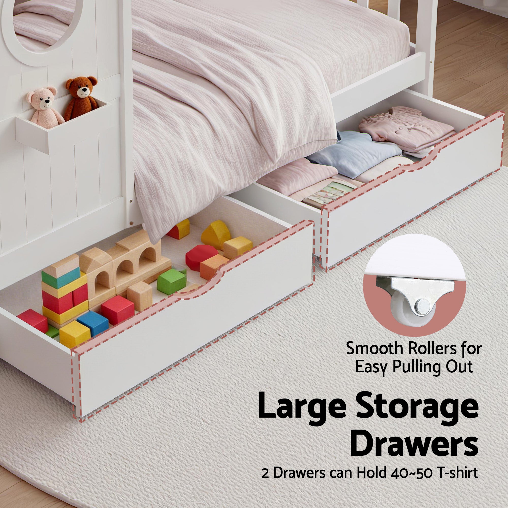 Kids Single House Bed with Storage Drawers White