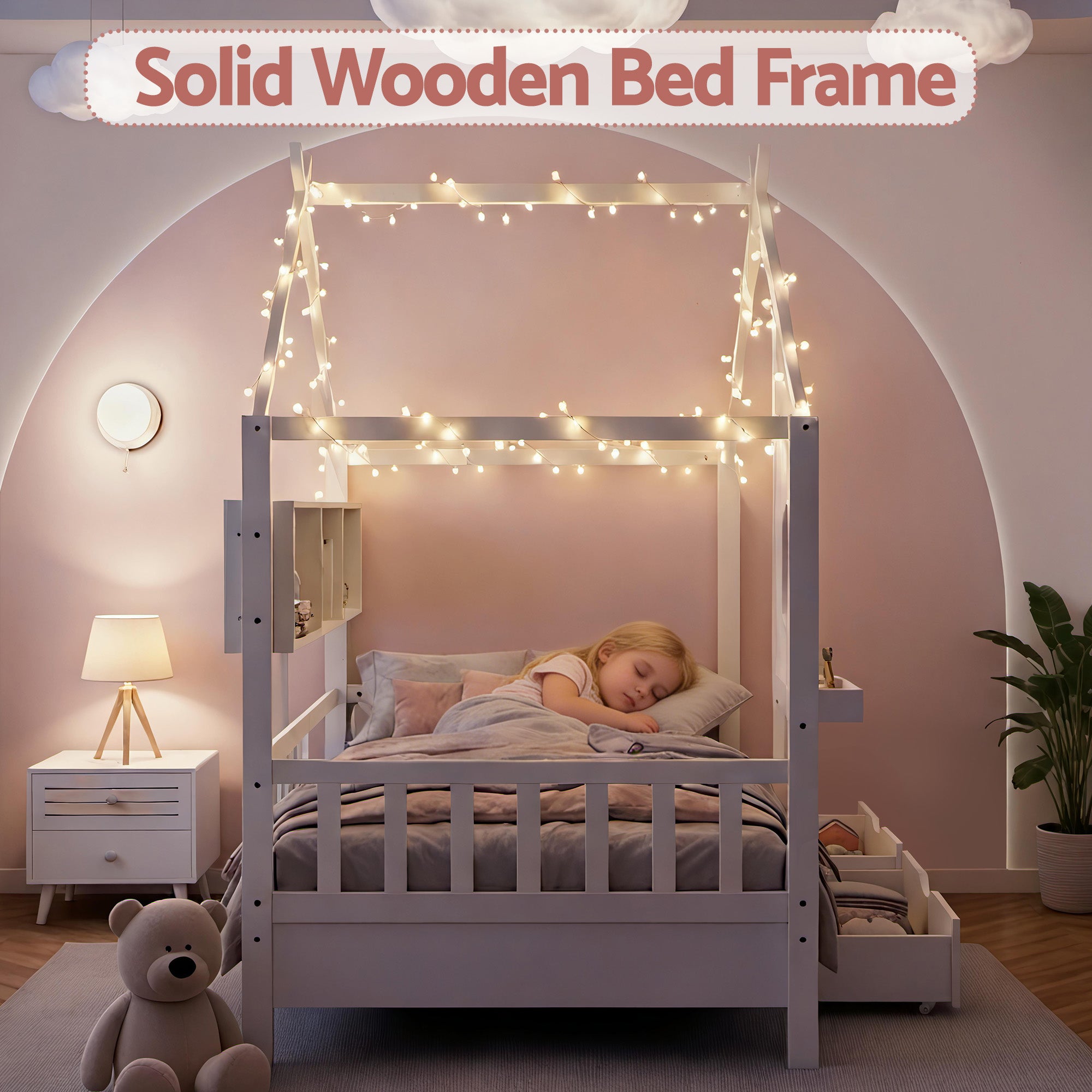 Kids Single House Bed with Storage Drawers White