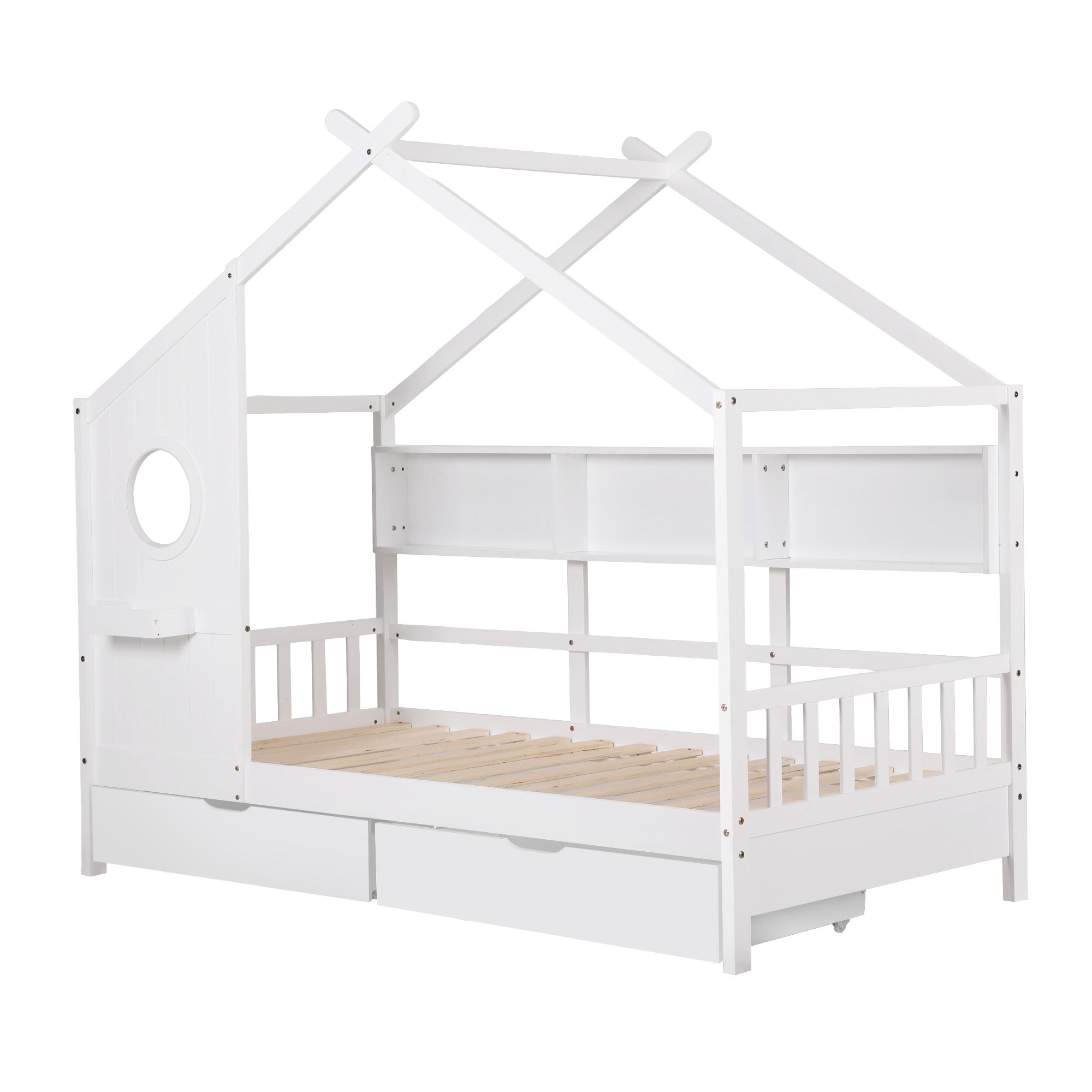 Kids Single House Bed with Storage Drawers White