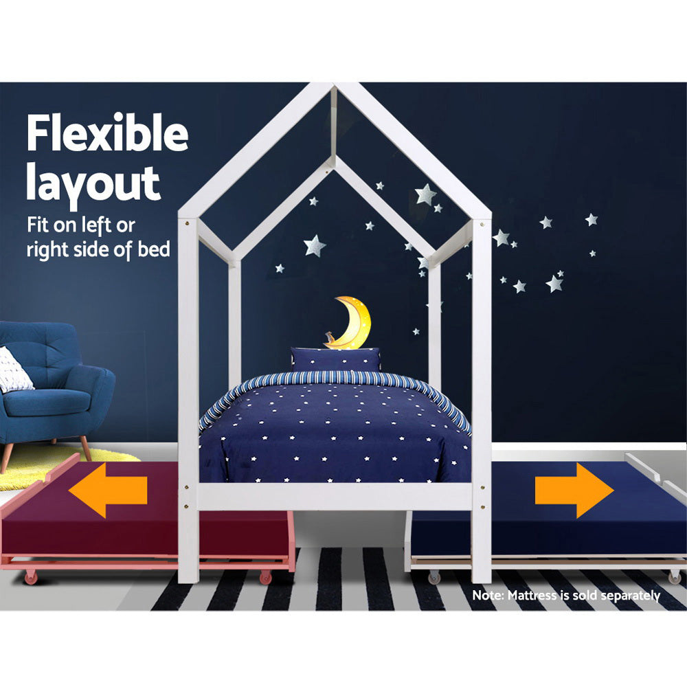 Single Kids Trundle Bed Frame Wooden House Design White