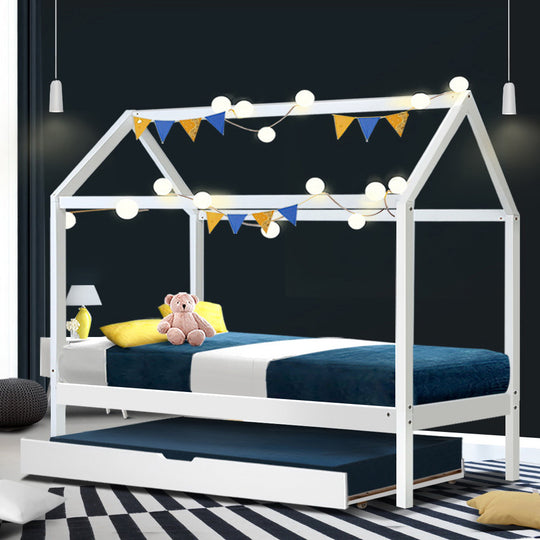 Single Kids Trundle Bed Frame Wooden House Design White with Wooden finish