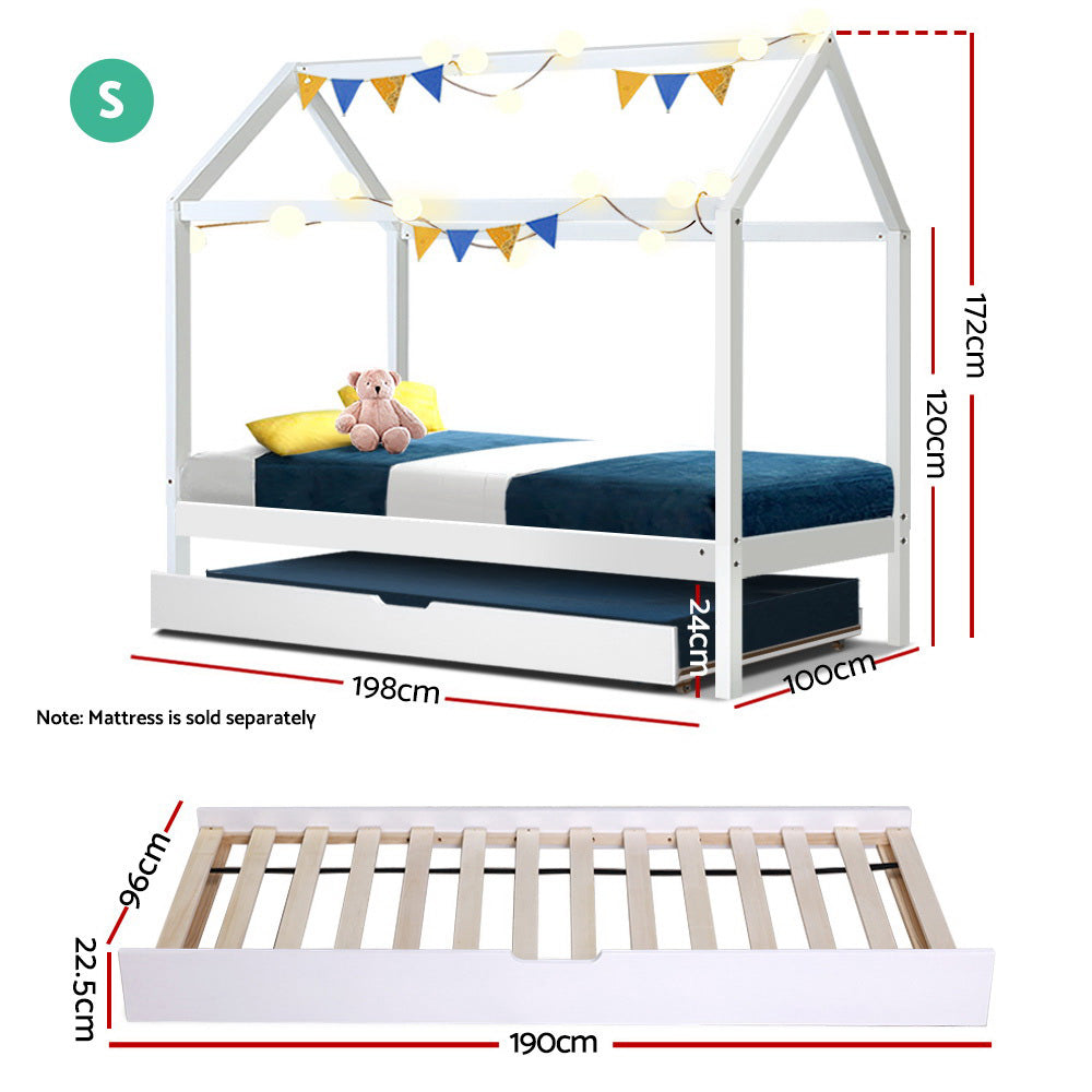 Single Kids Trundle Bed Frame Wooden House Design White