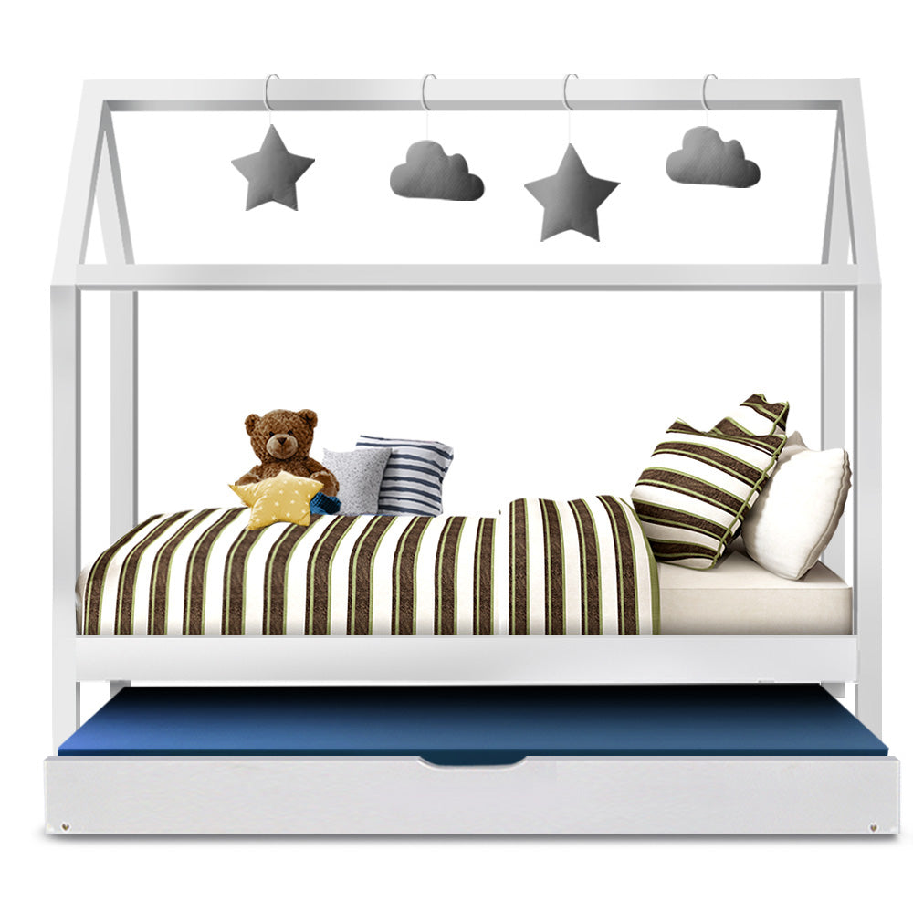 Single Kids Trundle Bed Frame Wooden House Design White