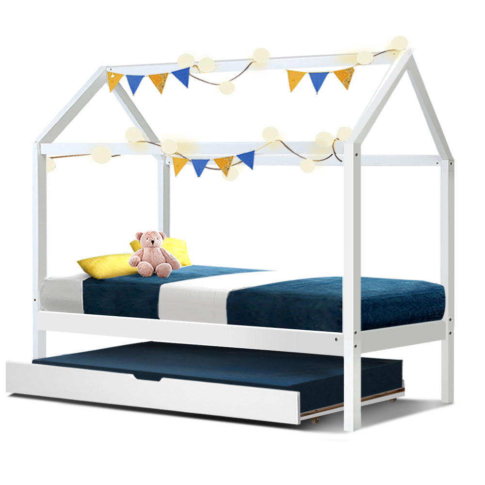 Single Kids Trundle Bed Frame Wooden House Design White