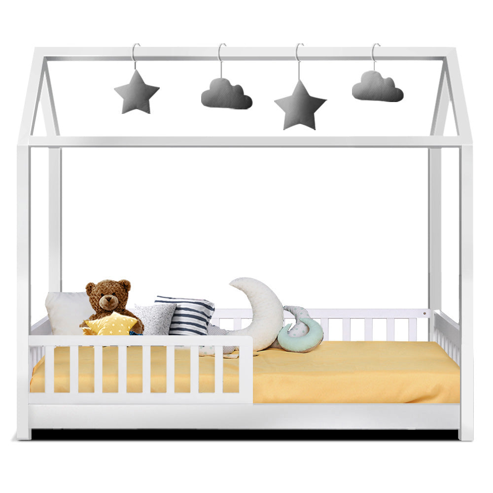 Kids Wooden House Bed Frame White Single Size Pine Wood