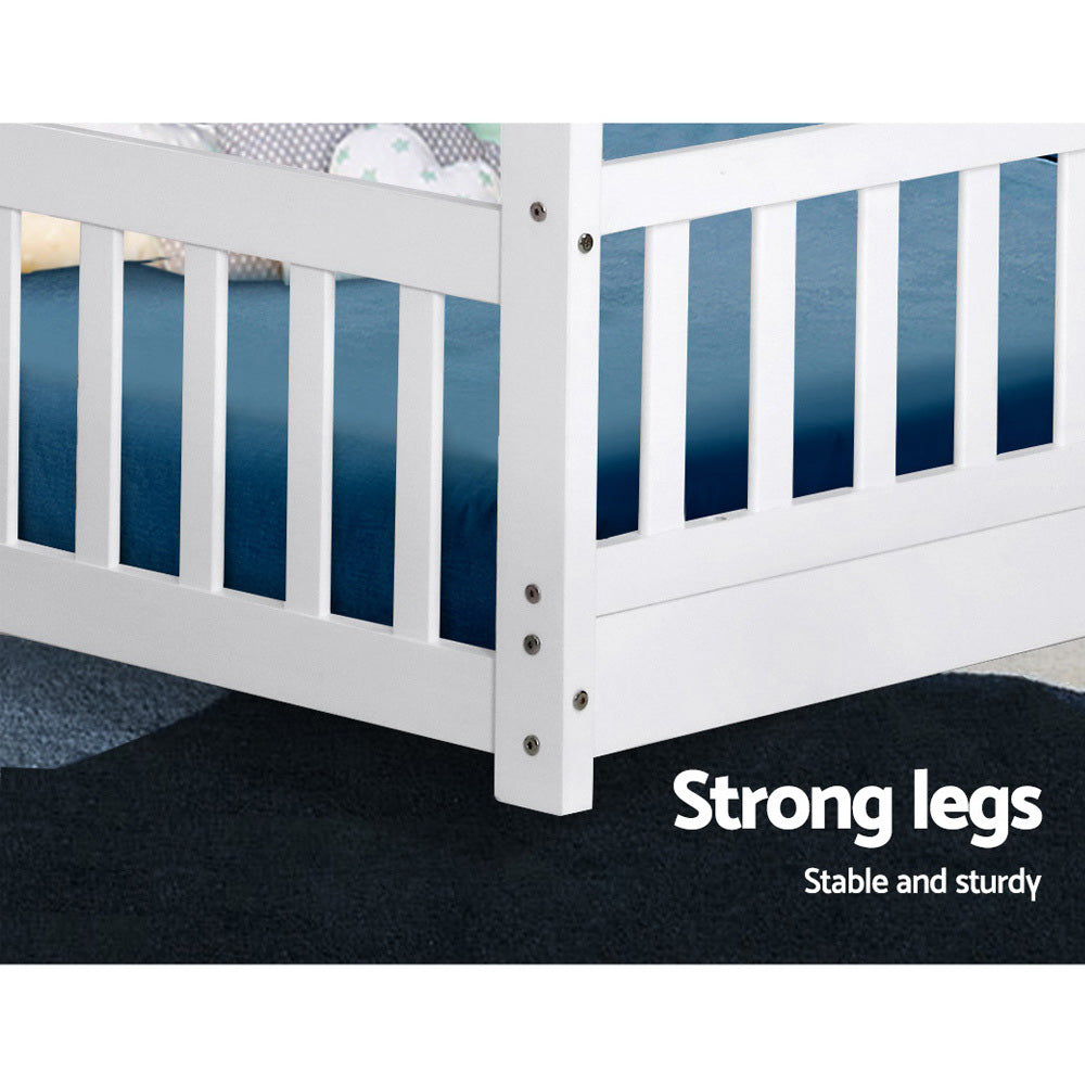 Kids Wooden House Bed Frame White Single Size Pine Wood