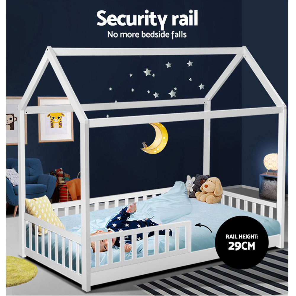 Kids Wooden House Bed Frame White Single Size Pine Wood